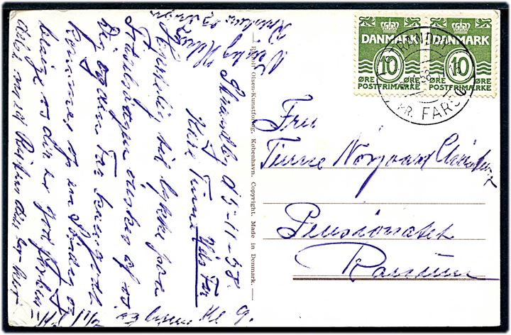 10 øre Bølgelinie i parstykke på brevkort annulleret med pr.-stempel Strandby pr. Farsø d. 5.11.1958 til Ranum.
