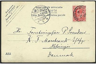 1d Edward VII på brevkort stemplet British Post Office Constantinople d. 17.7.1905 til Helsingør, Danmark.