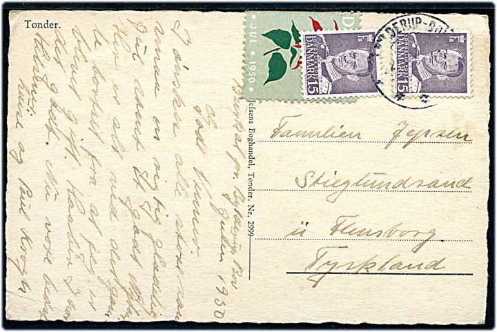 15 øre Fr. IX (2) og Julemærke 1950 på brevkort fra Bylderup-Bov d. 22.12.1950 til Flensburg, Tyskland. På bagsiden Sydslesvig julemærke 1950.