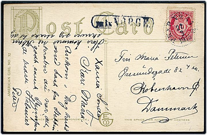10 øre Posthorn på brevkort fra Christiania annulleret med svensk bureaustempel PKXP No. 44 B (= Ed-Mellerud-Göteborg) d. 22.9.1915 og sidestemplet Från Norge til København, Danmark.