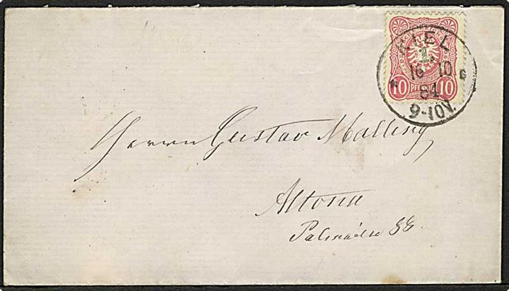 10 pfg. Adler på brev fra Kiel d. 16.10.1884 til Altona.