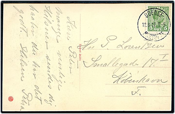 5 øre Chr. X på brevkort (Kerteminde rådhus og kirke) annulleret med bureaustempel Odense - Martofte T.5 d. 12.8.1917 til København.