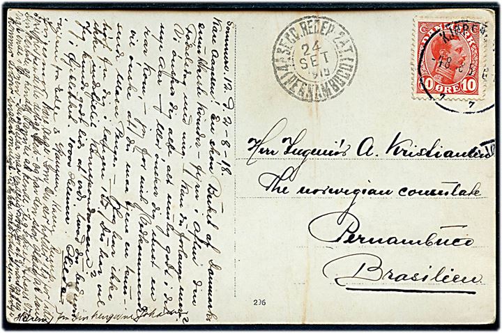 10 øre Chr. X på brevkort (Villa Sommervej 12) fra Kjøbenhavn d. 4.8.1918 til Pernambuco, Brasilien. Ank.stemplet d. 24.9.1918.