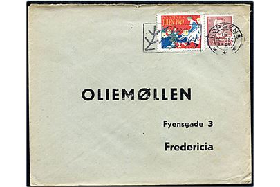 20 øre Fr. IX med perfin D.O. (Danske Oliemøller og Sæbefabriker) og Julemærke 1949 på fortrykt svarkuvert fra Horsens d. 16.12.1949 til Oliemøllen, Fredericia.