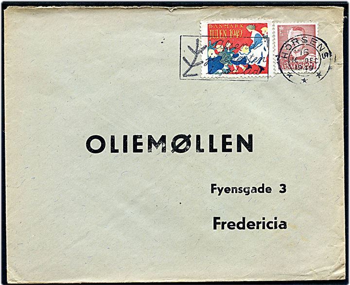20 øre Fr. IX med perfin D.O. (Danske Oliemøller og Sæbefabriker) og Julemærke 1949 på fortrykt svarkuvert fra Horsens d. 16.12.1949 til Oliemøllen, Fredericia.
