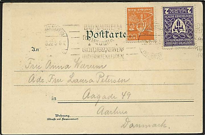 3,50 mk. frankeret infla brevkort fra Bad Nauheim d. 22.8.1922 til Aarhus, Danmark.