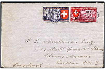 10 c. og 20 c. National udstilling (fransk) på brev fra Lausanne d. 20.3.1939 til London, England.
