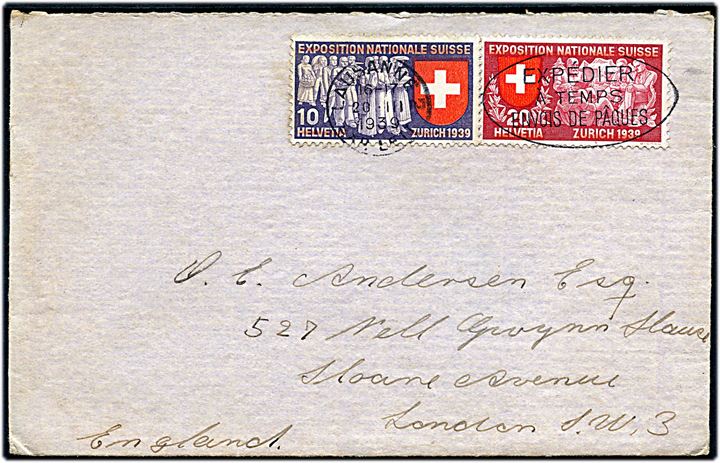 10 c. og 20 c. National udstilling (fransk) på brev fra Lausanne d. 20.3.1939 til London, England.