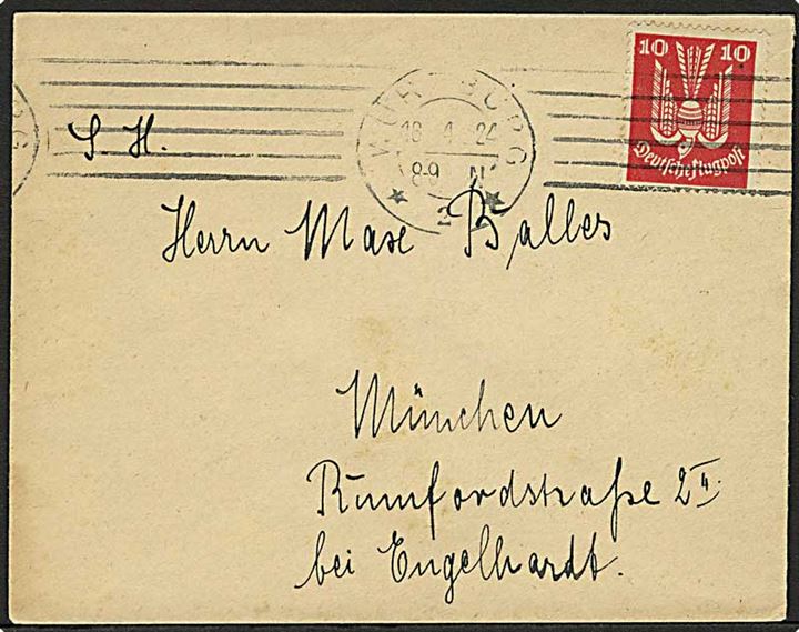 10 pfg. Luftpost single på brev fra Würzburg d. 16.4.1924 til München.