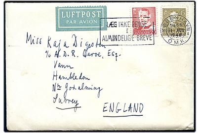 20 øre Fr. IX og 45 øre Chr. X på luftpostbrev fra København d. 11.8.1948 til Hambledon, England.