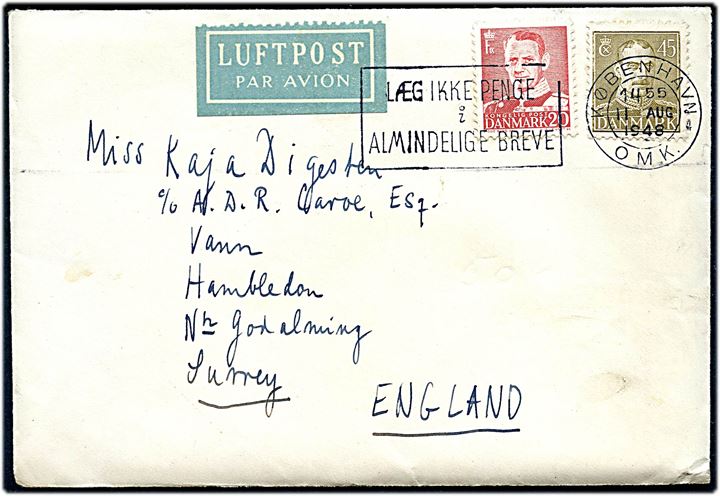20 øre Fr. IX og 45 øre Chr. X på luftpostbrev fra København d. 11.8.1948 til Hambledon, England.
