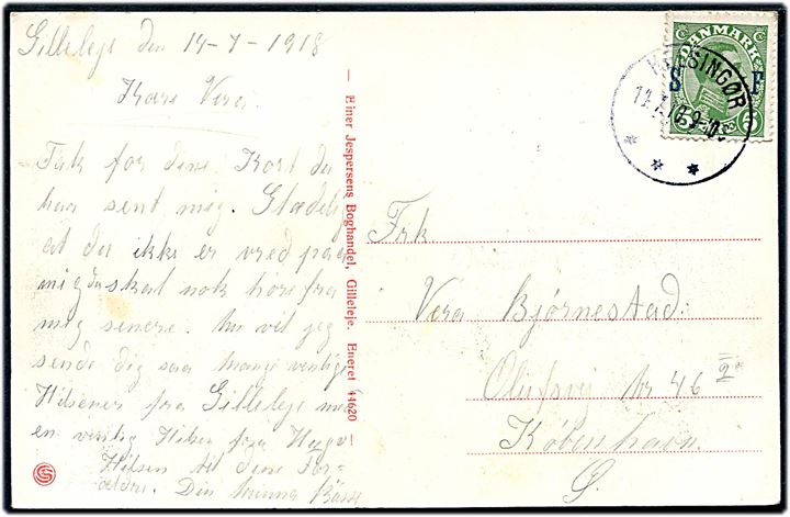 5 øre SF Soldaterfrimærke på brevkort (Gilleleje, havnemole) stemplet Helsingør d. 14.7.1918 til København.