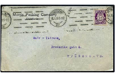 12 øre Posthorn single på fortrykt kuvert fra Morris Packing Company i Kristiania d. 15.1.1919 til København, Danmark.
