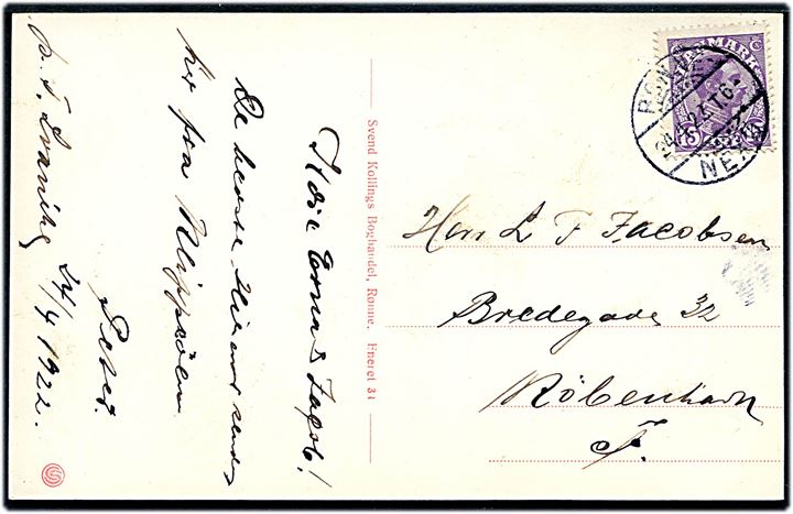 15 øre Chr. X på brevkort (Kastellet i Rønne) dateret Svaneke og annulleret med bureaustempel Rønne - Nexø T.6 d. 24.4.1922 til København.