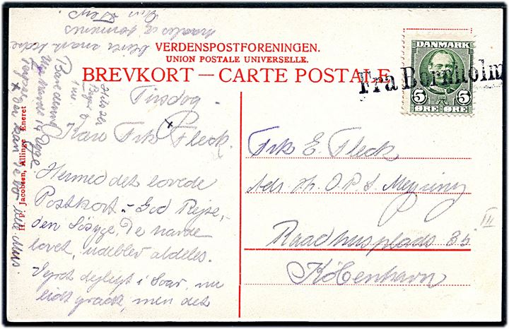 5 øre Fr. VIII på udateret brevkort annulleret med skibsstempel Fra Bornholm til København.