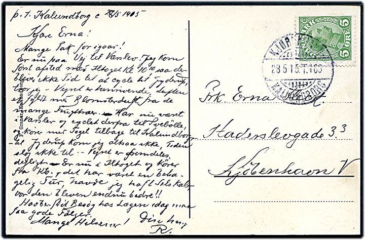 5 øre Chr. X på brevkort fra Kalundborg annulleret med bureaustempel Kjøbenhavn - Kallundborg T.186 d. 28.5.1915 til København.
