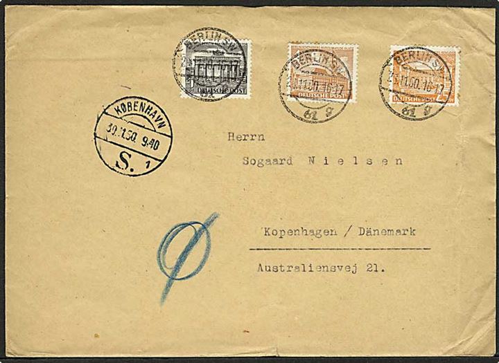 1 pfg., 4 pfg. og 25 pfg. Bygninger på brev fra Berlin d. 28.11.1950 til København, Danmark.