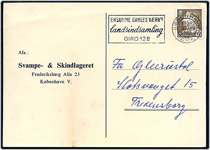 40 øre Fr. IX på brevkort annulleret med TMS Ensomme Gamles Værn's Landsindsamling GIRO 128/København OMK. 3 d. 2.4.1966 til Fredensborg.