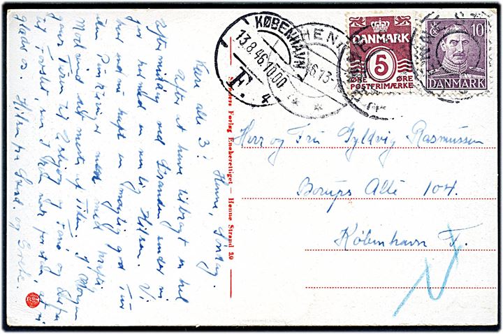 5 øre Bølgelinie og 10 øre Chr. X på brevkort (Henne Strand, Brinks Pensionat) annulleret med udslebet stjernestempel HENNE STRAND og sidestemplet Henne d. 12.8.1946 til København. Sommer brevsamlingssted.