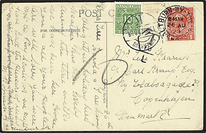 Britisk 1d George V på underfrankeret brevkort fra Saltburn-by-the-Sea d. 26.8.1929 til København, Danmark. Udtakseret i porto med 10 øre Portomærke stemplet København K. d. 29.8.1929.