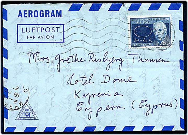 60 øre Niels Bohr. på privat aerogram fra Virum d. 14.12.1963 via Nicocia d. 18.12.1963 til Kyrenia, Cypern. Fold. God destination.