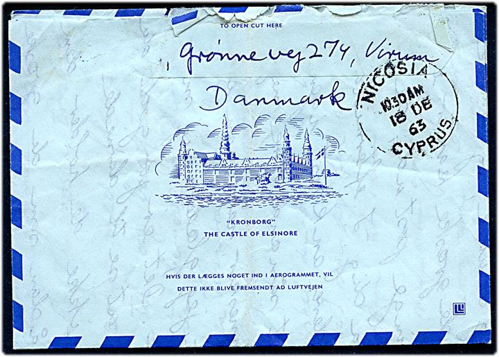 60 øre Niels Bohr. på privat aerogram fra Virum d. 14.12.1963 via Nicocia d. 18.12.1963 til Kyrenia, Cypern. Fold. God destination.