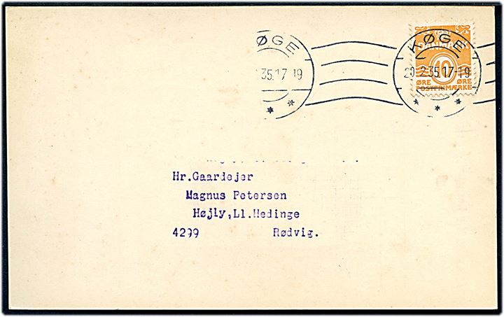 6 øre Bølgelinie på tryksagskort annulleret med båndmaskinstempel Køge d. 20.2.1935 til Rødvig.