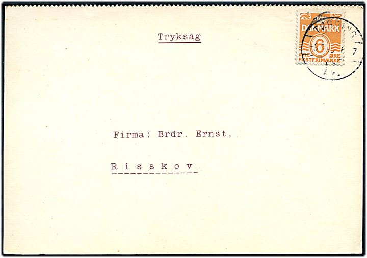 6 øre Bølgelinie på tryksagskort annulleret med brotype Vc Tørring B. d. 8.9.1945 til Risskov.