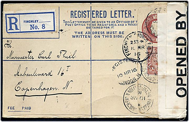 2d+1½d George V anbefalet helsagskuvert opfrankeret med 1½d George V fra Finchley d. 10.3.1916 til København, Danmark. Åbnet af britisk censur no. 1171. Ank.stemplet i Kjøbenhavn d. 18.3.1916.
