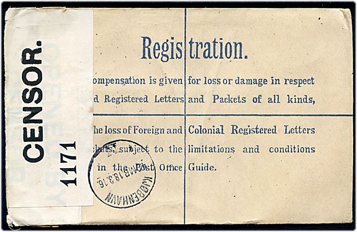 2d+1½d George V anbefalet helsagskuvert opfrankeret med 1½d George V fra Finchley d. 10.3.1916 til København, Danmark. Åbnet af britisk censur no. 1171. Ank.stemplet i Kjøbenhavn d. 18.3.1916.