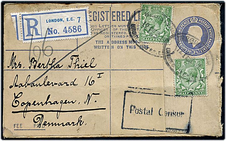 2d & 1½d George V anbefalet helsagskuvert opfrankeret med ½d George V (2) fra London d. 12.2.191? til København, Danmark. Britisk censurstempel Postal Censor.