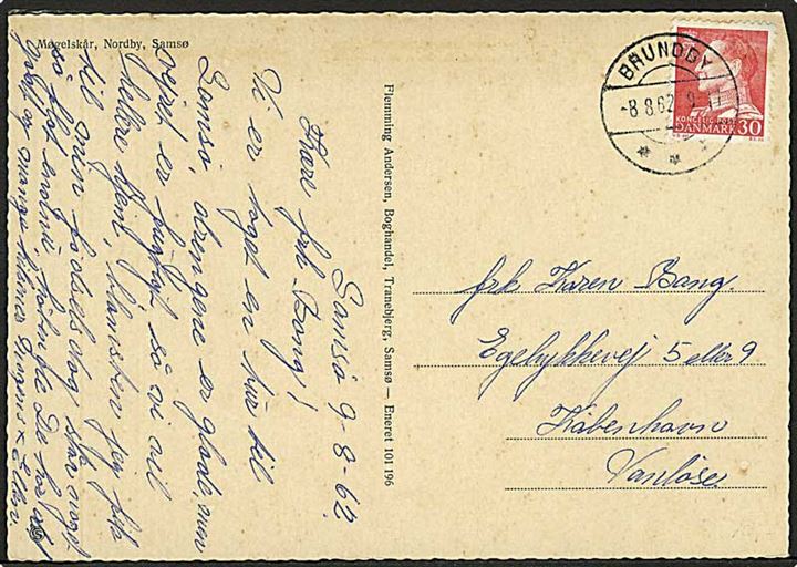 30 øre Fr. IX på brevkort annulleret med brotype IIc stempel Brundby d. 8.8.1962 til Vanløse.