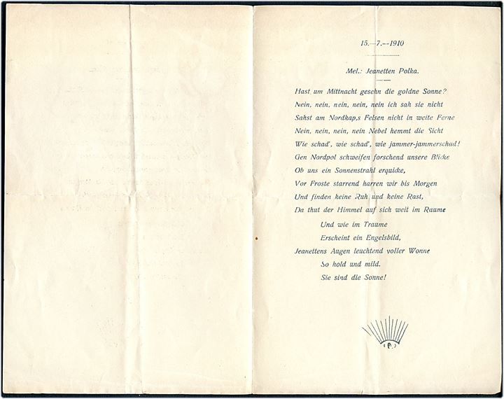 Fortrykt brevpapir fra Postdampskibet C. F. Tietgen dateret d. 15.7.1910 med sang Hast um Mitttnacht gesehn die goldne Sonne. Anvendt i forbindelse med særligt krydstogt til Nordkap i perioden 7.-23.7.1910.