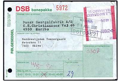 A/S Lollandsbanen. 29 kr. frankeringsetiket på adressebrev for banepakke fra Maribo d. 11.8.1980 til Skive,