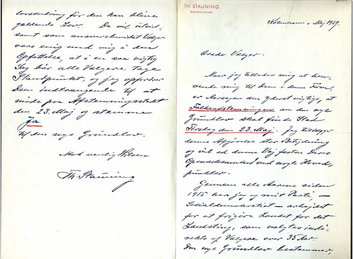 Th. Stauning. Faksimile-brev dateret København maj 1939 udsendt i forbindelse med folkeafstemningen om en Grundlovsændring d. 23.5.1939. Uden kuvert.