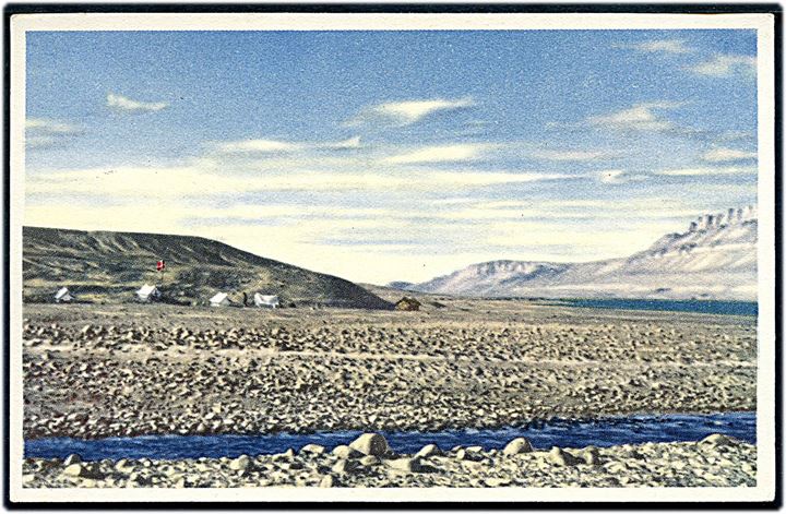 15 øre Chr. X på brevkort (Lejren i Brønlunds Fjord) annulleret Pearyland Nordgrønland d. 1.8.1948 til København.