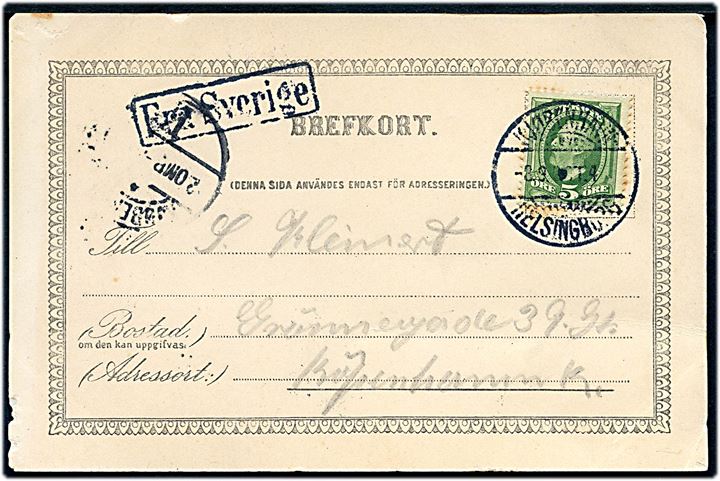 5 öre Oscar II på brevkort fra Kulla-Gunnarstorp annulleret med dansk bureaustempel Kjøbenhavn - Helsingborg T.4 d. 8.9.1903 og sidestemplet Fra Sverige til København, Danmark.