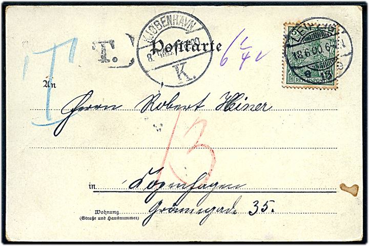 5 pfg. Germania på underfrankeret brevkort fra Leipzig d. 18.6.1900 til Kjøbenhavn, Danmark. Sort T-stempel og udtakseret i 13 øre dansk porto.