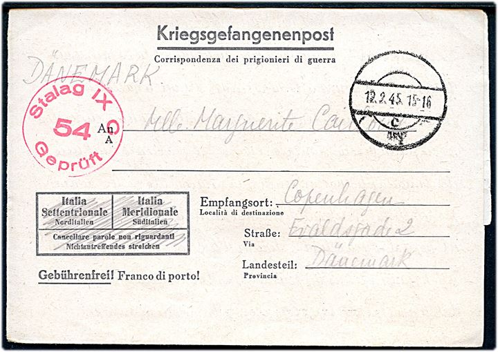 Ufrankeret fortrykt krigsfange-foldebrev fra fransk krigsfange i Stalag IXC (= Bad Sulza) med stumt stempel d. 12.2.1945 til København, Danmark. Rød lejrcensur.