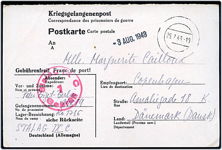 Ufrankeret spørgedel af dobbelt krigsfangebrevkort fra fransk soldat i Stalag IXC (= Bad Sulza) med stumt stempel d. 26.7.1943 til København, Danmark. Rød lejrcensur.