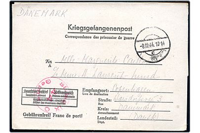 Ufrankeret fortrykt krigsfange-foldebrev fra fransk krigsfange i Stalag IXC (= Bad Sulza) med stumt stempel d. 8.12.1944 til København, Danmark. Rød lejrcensur.