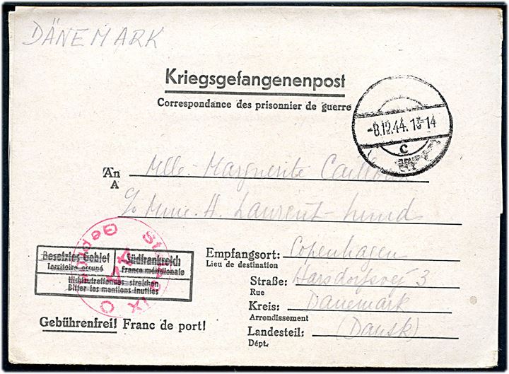 Ufrankeret fortrykt krigsfange-foldebrev fra fransk krigsfange i Stalag IXC (= Bad Sulza) med stumt stempel d. 8.12.1944 til København, Danmark. Rød lejrcensur.