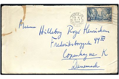 2,25 Fr. Fotografiets 100 år single på brev fra Paris d. 26.5.1939 til København, Danmark. Skjold på forsiden og bagklap mgl.
