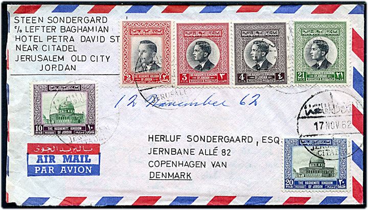 50 fils blandingsfrankeret luftpostbrev fra Jerusalem d. 17.11.1962 til København, Danmark.