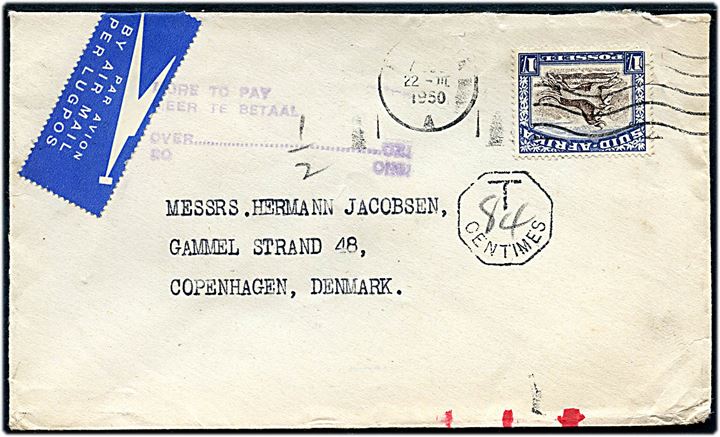 1 sh. på underfrankeret luftpostbrev fra Pretoria d. 22.3.1950 til København, Danmark. 2-sproget portostempel og 84 centimes. Ikke udtakseret i dansk porto.