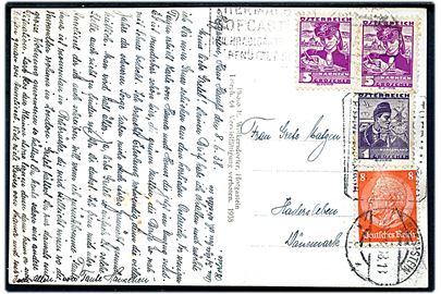 Østrigsk 1 gr. og 5 gr. (2) Dragter og tysk 8 pfg. Hindenburg på blandingsfrankeret brevkort fra Hofhastein d. 8.6.1938 til Haderslev, Danmark.