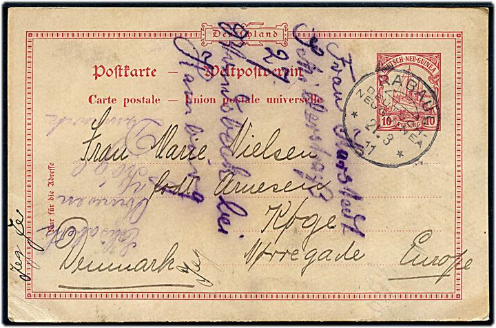10 pfg. Hohenzollern helsagsbrevkort stemplet Rabaul Deutsch-Neuguinea d. 21.3.1911 til Køge, Danmark. Brugsforsendelse med meddelelse skrevet på dansk.