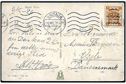 7 mils. E.E.F. Palestine provisorium på brevkort fra Jerusalem d. 6.5.1926 til Vejle, Danmark.