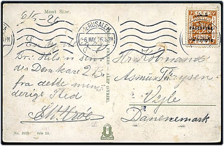 7 mils. E.E.F. Palestine provisorium på brevkort fra Jerusalem d. 6.5.1926 til Vejle, Danmark.