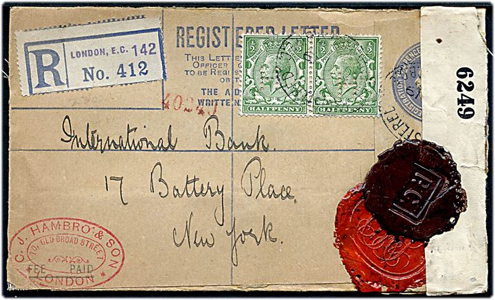 2d+1½d George V anbefalet helsagskuvert opfrankeret med ½d George V (2) med perfin H fra firma C. J. Hambro & Son i London d. ?.1.1919 til New York, USA Åbnet af britisk censur no. 6249 med laksegl P.C. (Postal Censor).